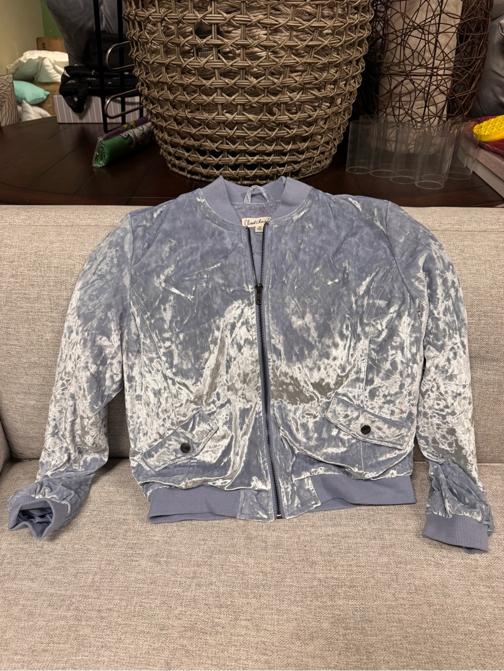 Cloud Chaser Crushed Velvet Bomber Jacket - Silver Blue